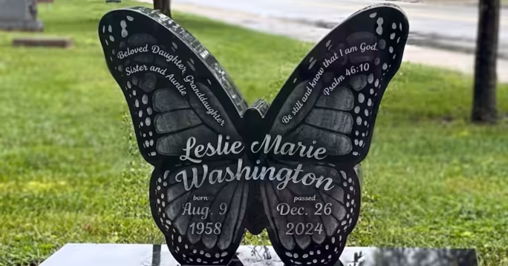 washington-leslie-crown-point-Butterfly-shaped-black-granite-memorial-single-headstone-etching-epitaph-scripture