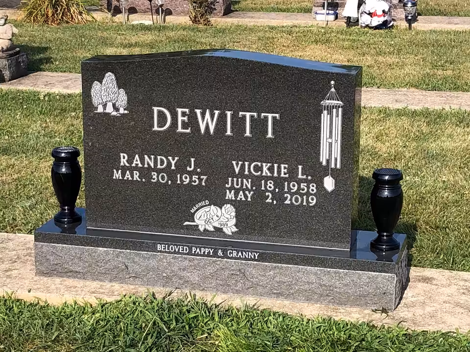 randy-vickie-dewitt-mt-hope-logansport-India Mist-companion-double-memorial- upright-serp-top-vases-black-engraving-white-litho-wind-chimes;-mushrooms-rose- rings-marriage-date-margin-