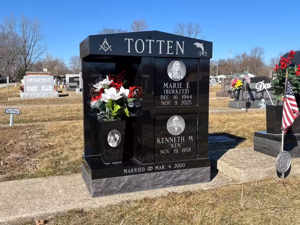 Kenneth-marie-totten-mt-hope-logansport-companion-double-memorial-cremation-niches-jet-black-apex-top- engraving-ceramic -black-and-white-picture-circle-oval-rings-dolphin-freemason